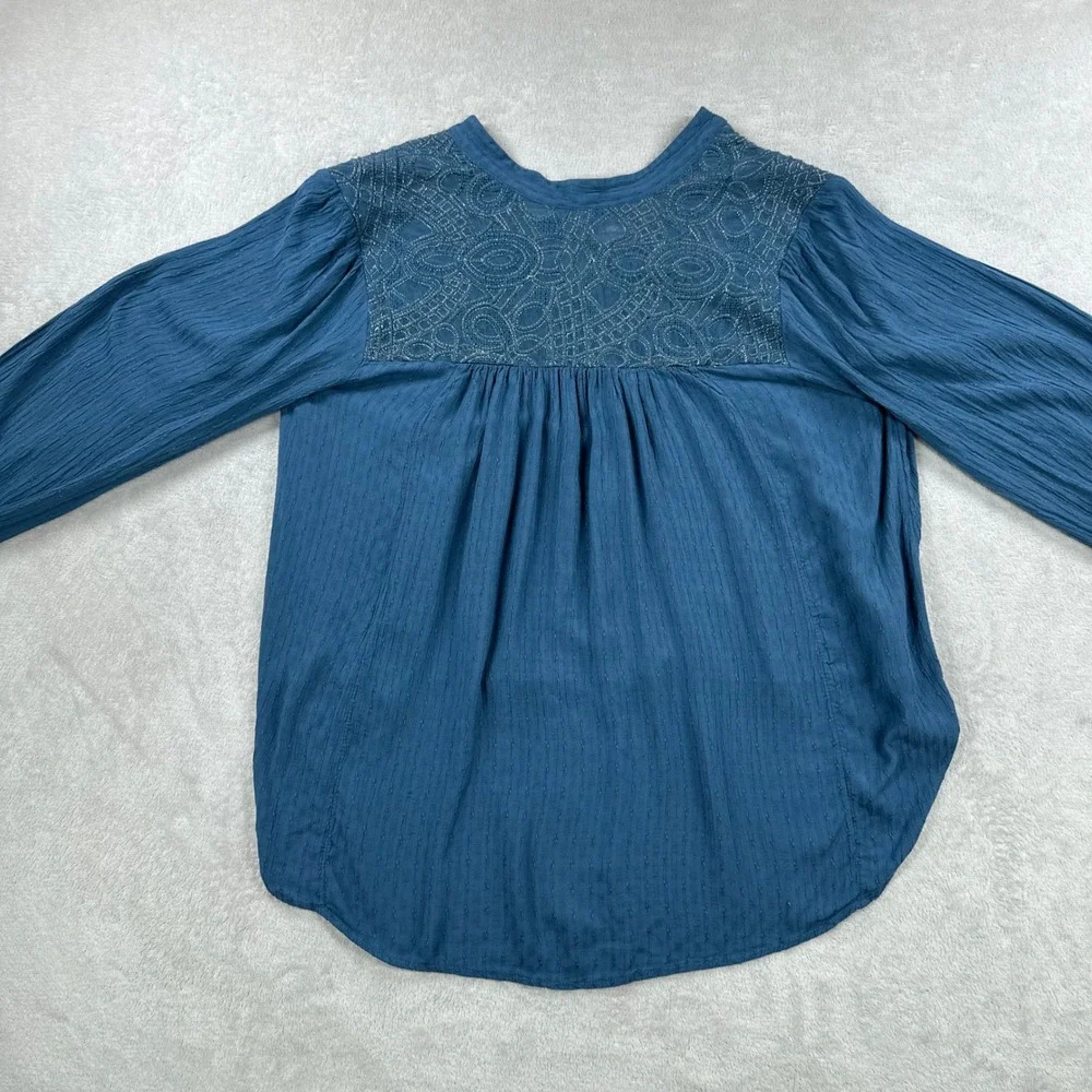 Free People Blouse Women Small Teal Blue Boho Peasant Embroidered Button Front